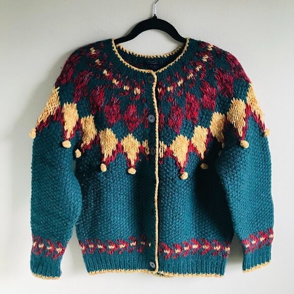 Handmade 100% Shetland Wool Forest Green Fairisle Cardigan Size S - Picture 1 of 7